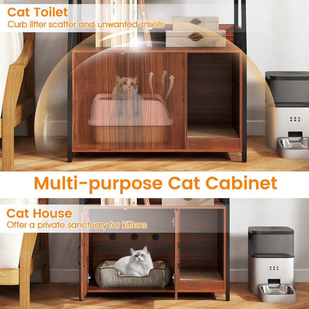 Cat Litter Box Enclosure with Storage Shelves & Scratching Pad - Walnut Variation