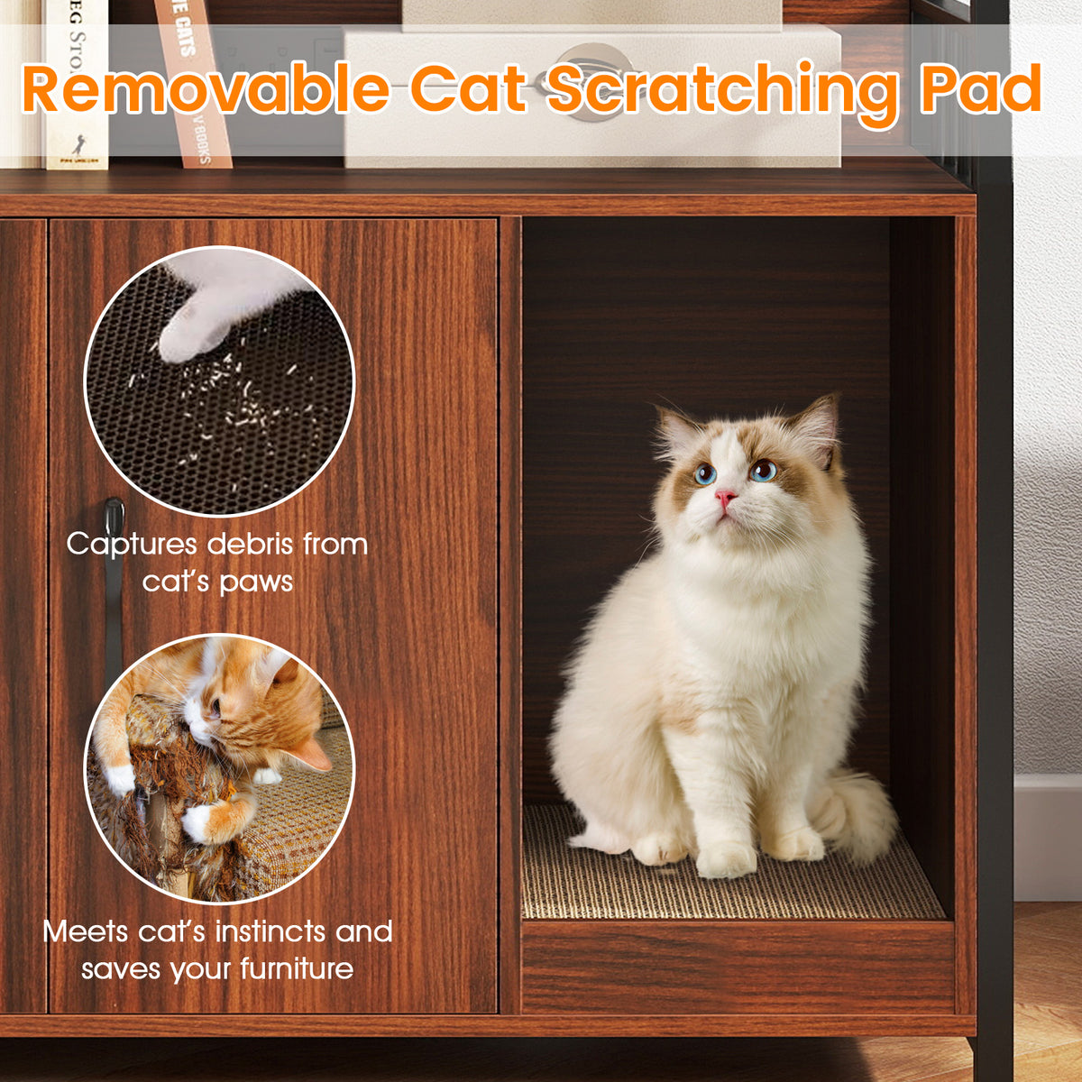 Cat Litter Box Enclosure with Storage Shelves & Scratching Pad - Walnut Variation