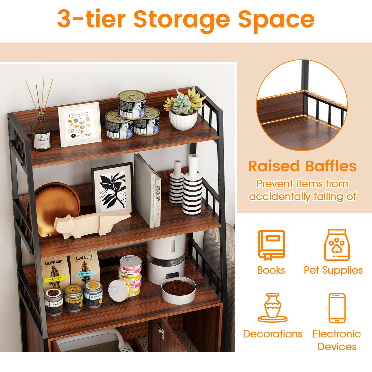 Cat Litter Box Enclosure with Storage Shelves & Scratching Pad - Walnut Variation