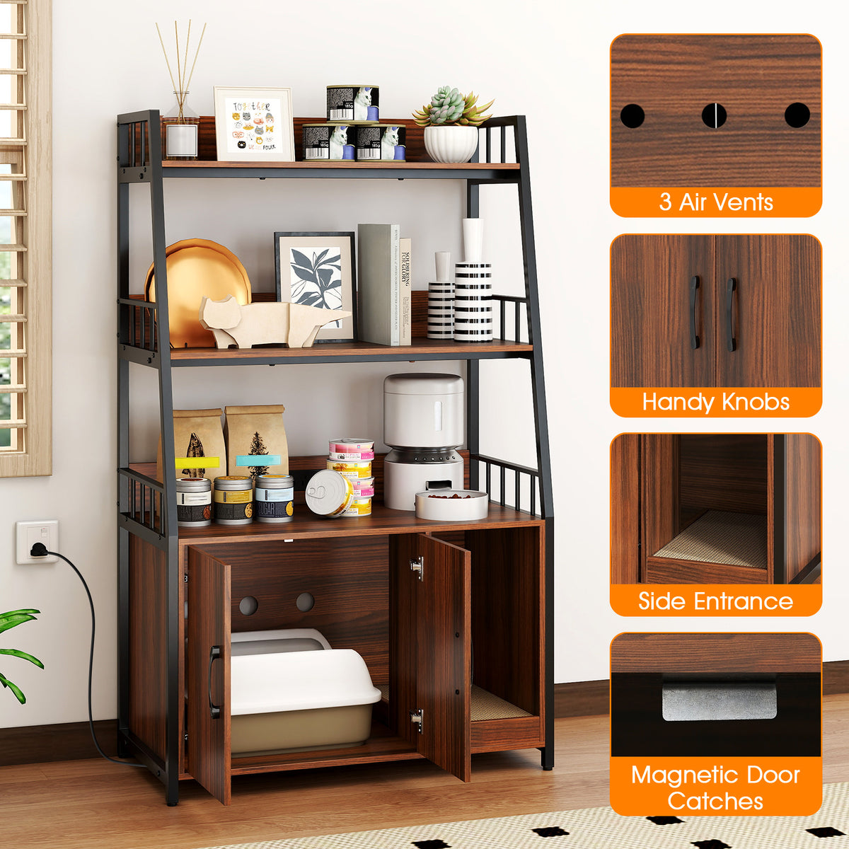 Cat Litter Box Enclosure with Storage Shelves & Scratching Pad - Walnut Variation