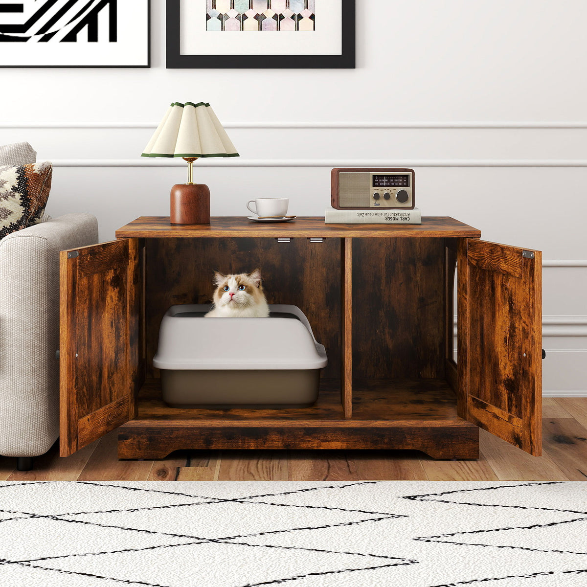 Brown Wooden Cat Litter Box Enclosure Furniture End Side Table - Stylish & Functional