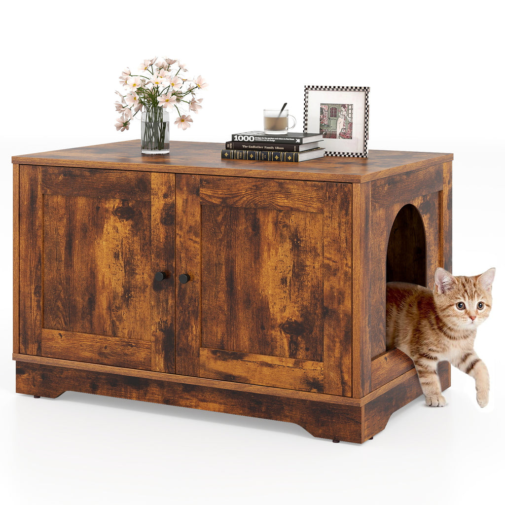 Brown Wooden Cat Litter Box Enclosure Furniture End Side Table - Stylish & Functional
