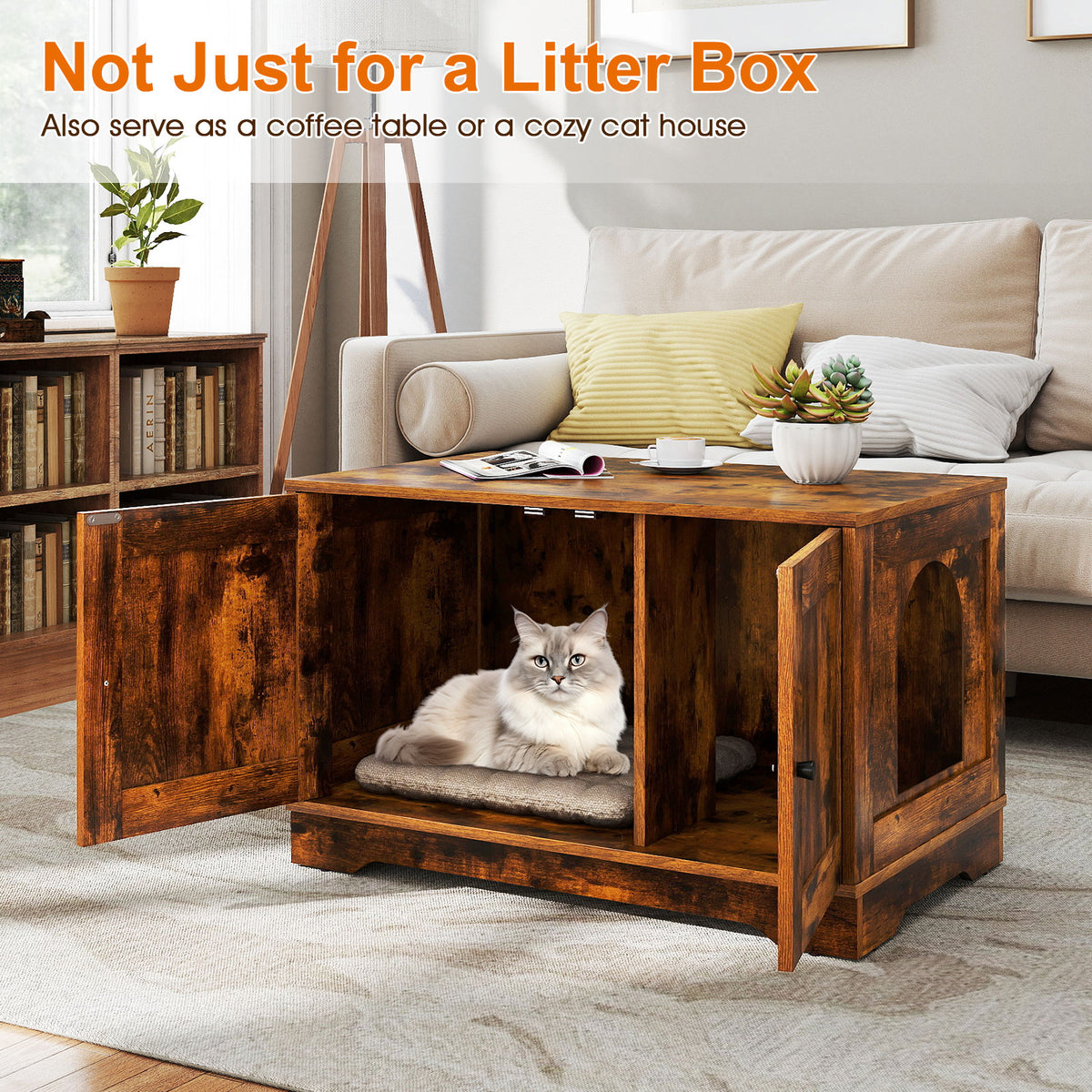Brown Wooden Cat Litter Box Enclosure Furniture End Side Table - Stylish & Functional