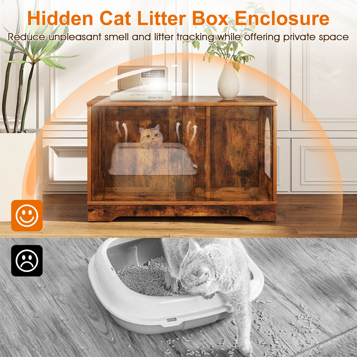 Brown Wooden Cat Litter Box Enclosure Furniture End Side Table - Stylish & Functional