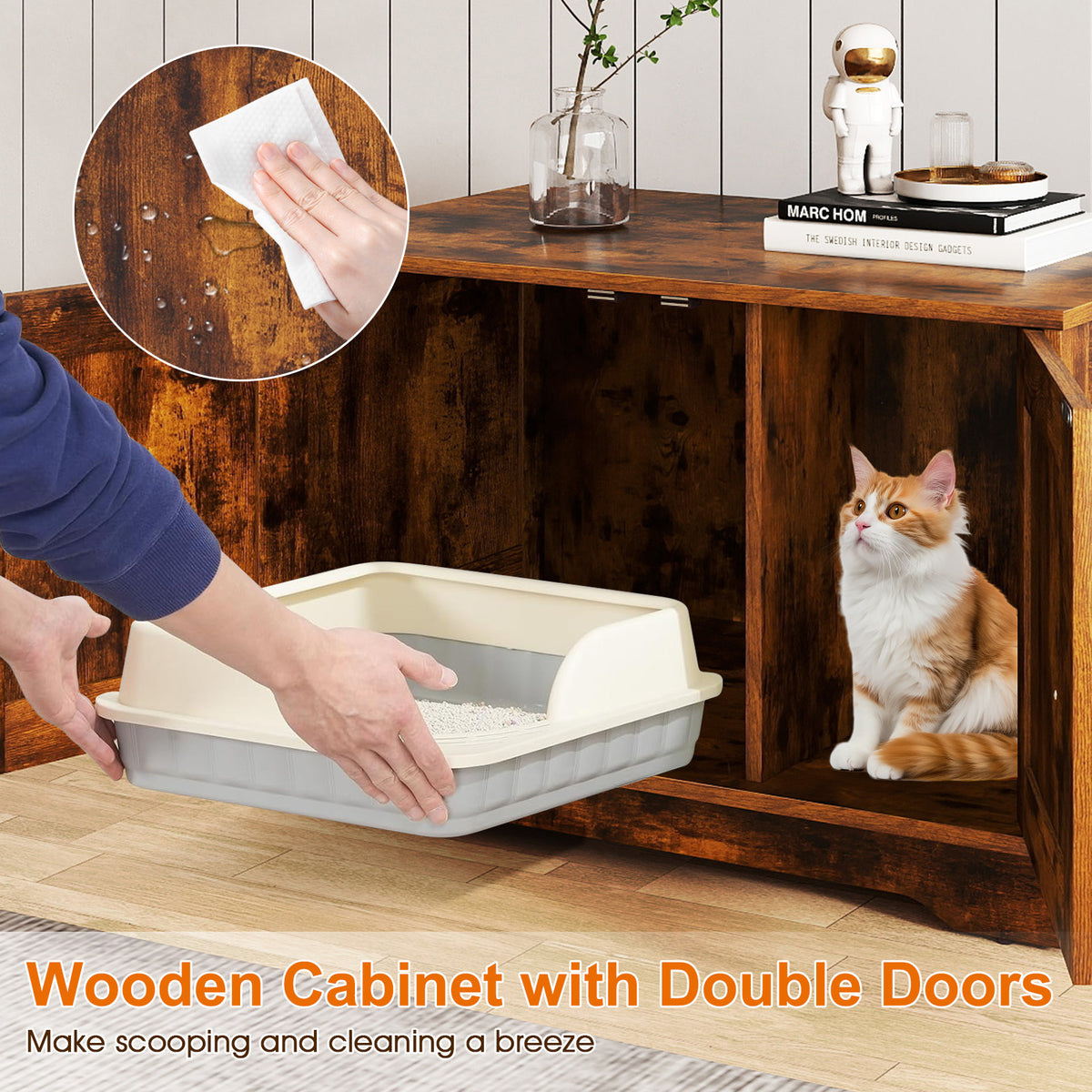Brown Wooden Cat Litter Box Enclosure Furniture End Side Table - Stylish & Functional