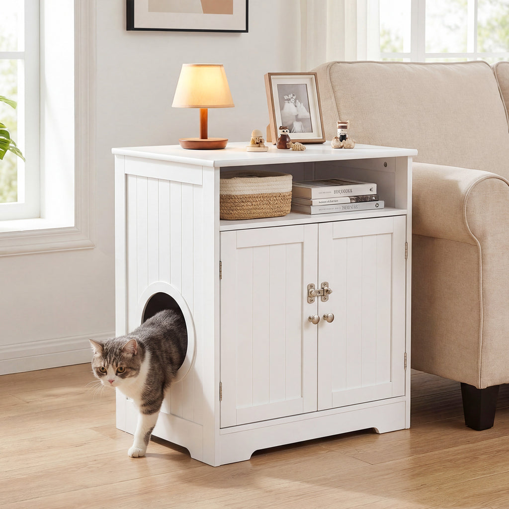 Wooden Cat Litter Box Enclosure Hidden Pet Washroom Furniture - White