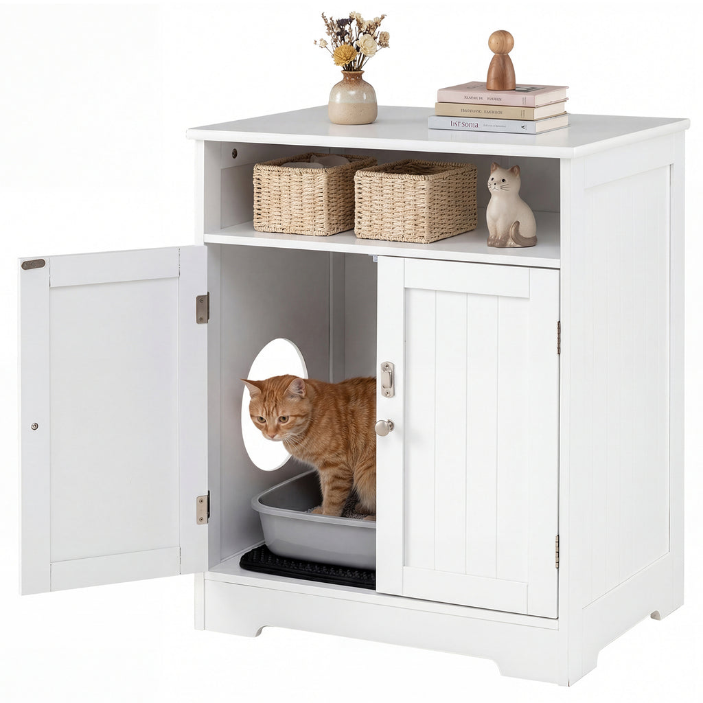 Wooden Cat Litter Box Enclosure Hidden Pet Washroom Furniture - White