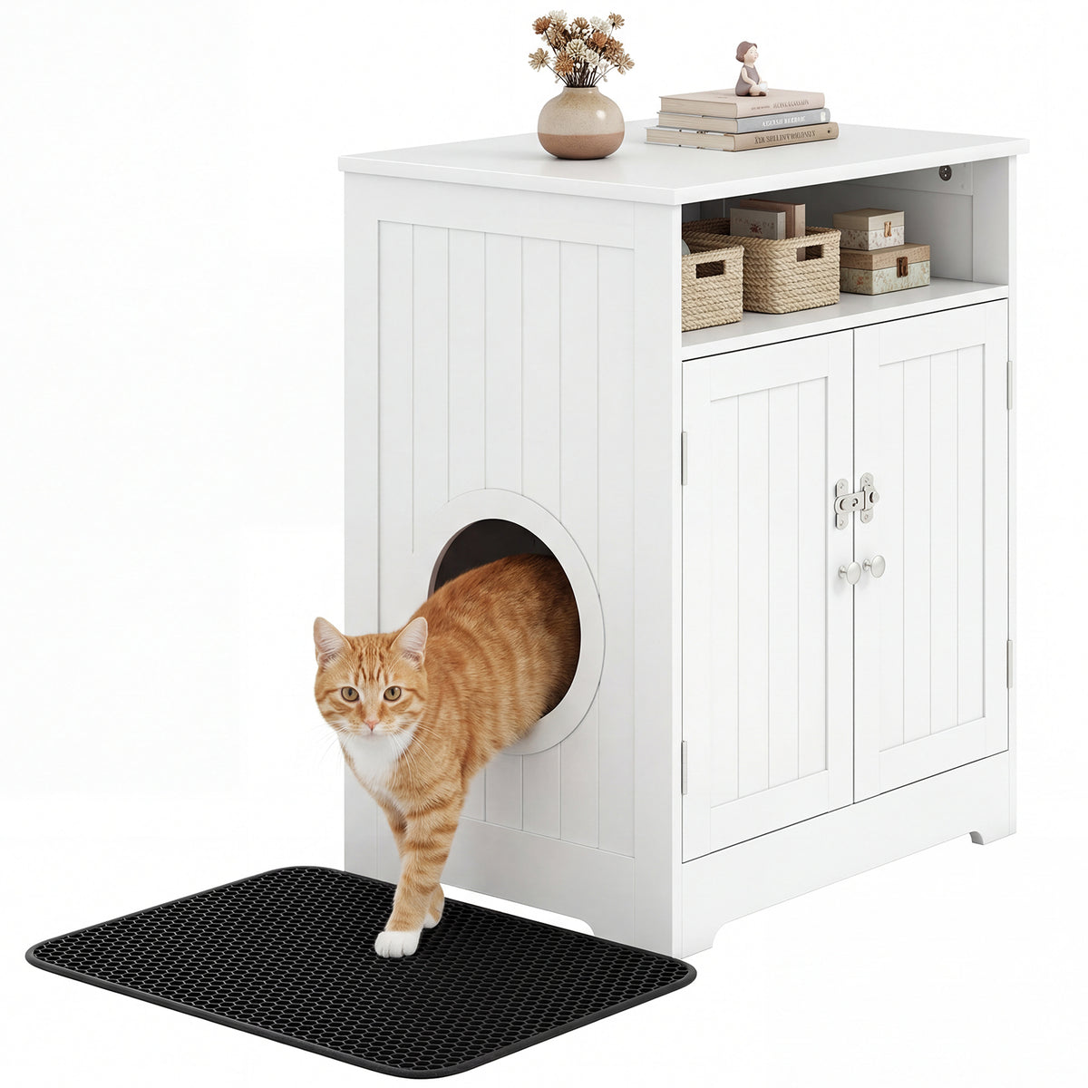 Wooden Cat Litter Box Enclosure Hidden Pet Washroom Furniture - White