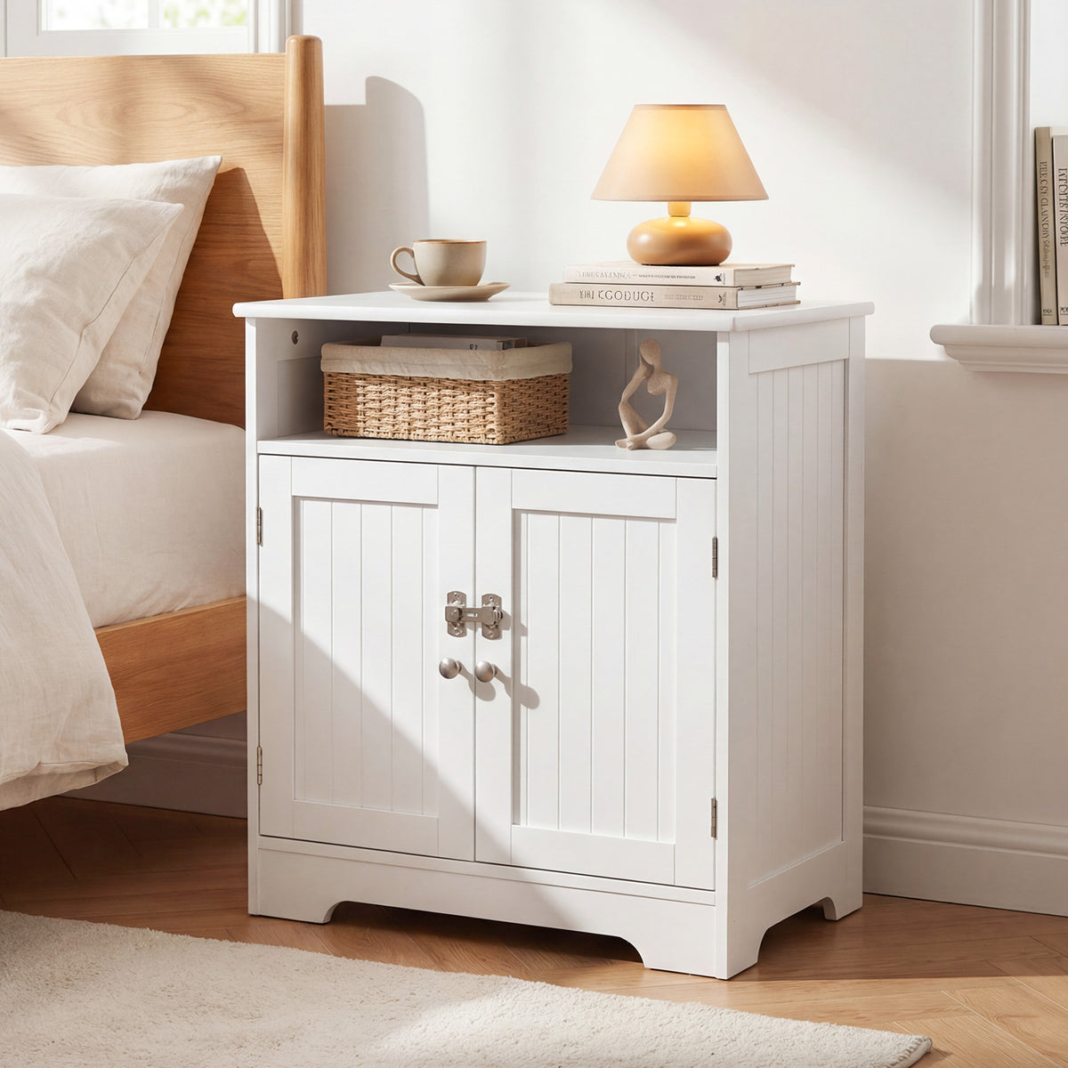 Wooden Cat Litter Box Enclosure Hidden Pet Washroom Furniture - White