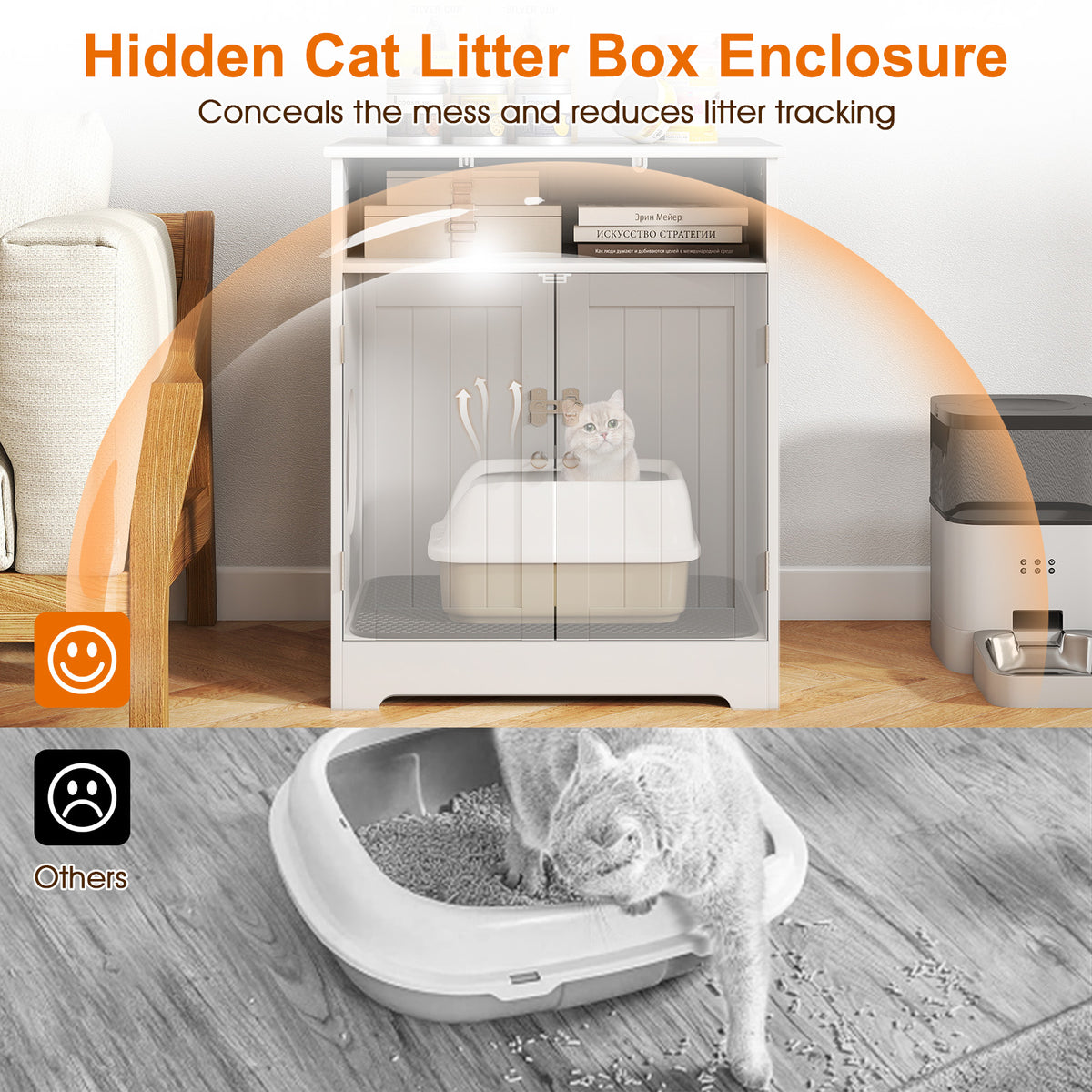 Wooden Cat Litter Box Enclosure Hidden Pet Washroom Furniture - White