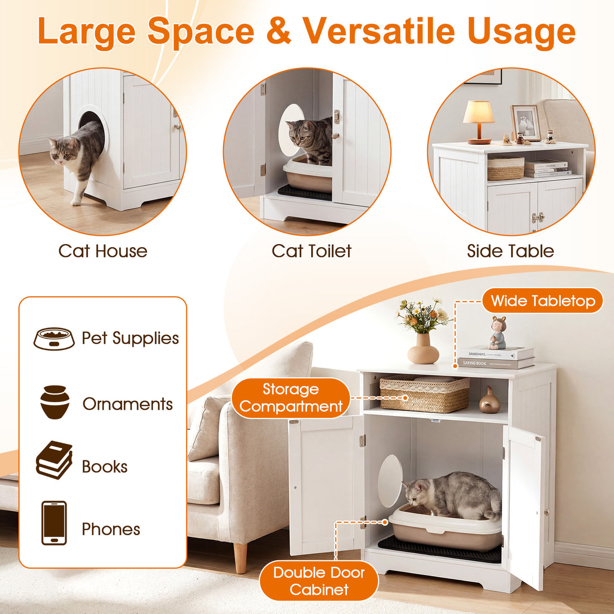 Wooden Cat Litter Box Enclosure Hidden Pet Washroom Furniture - White
