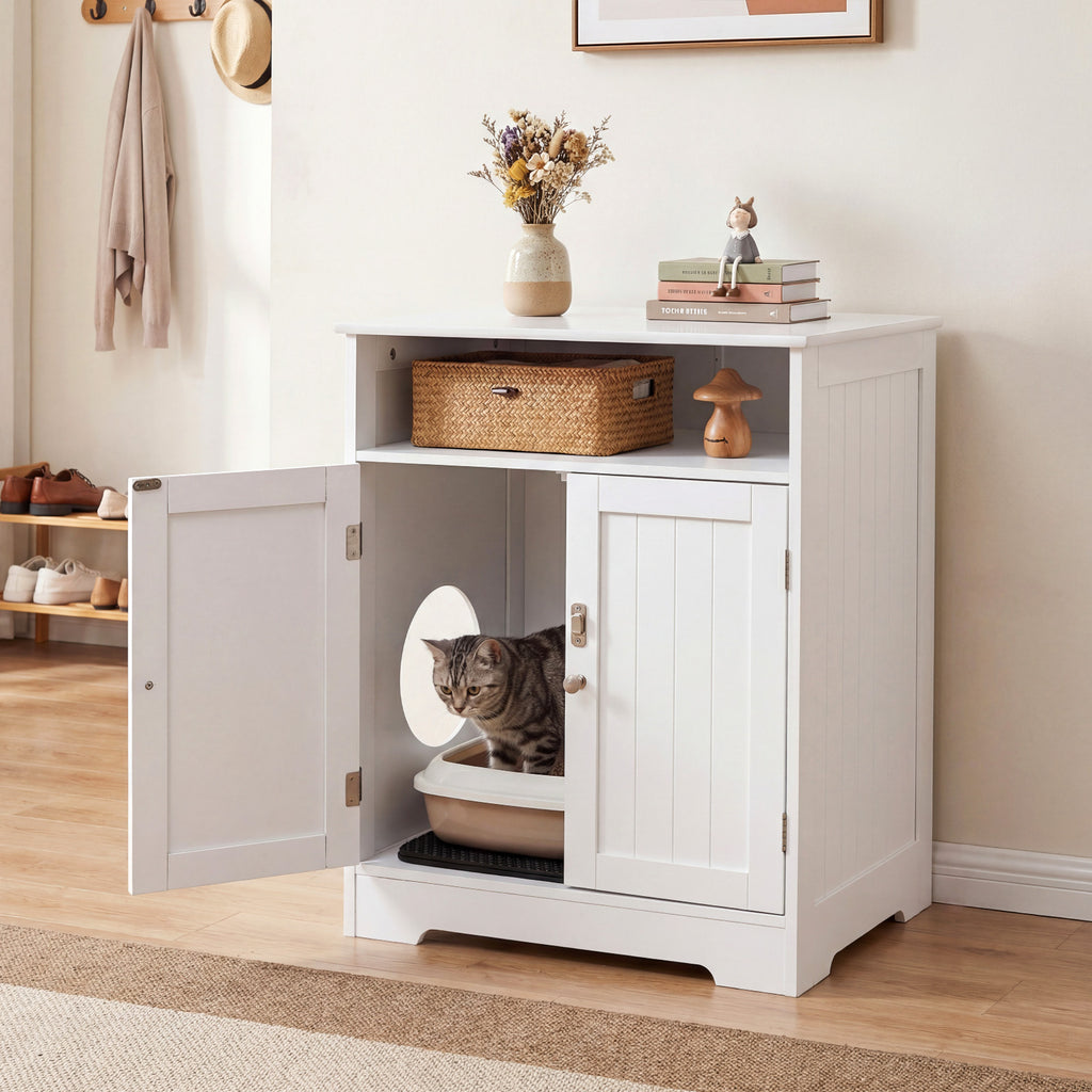 Wooden Cat Litter Box Enclosure Hidden Pet Washroom Furniture - White