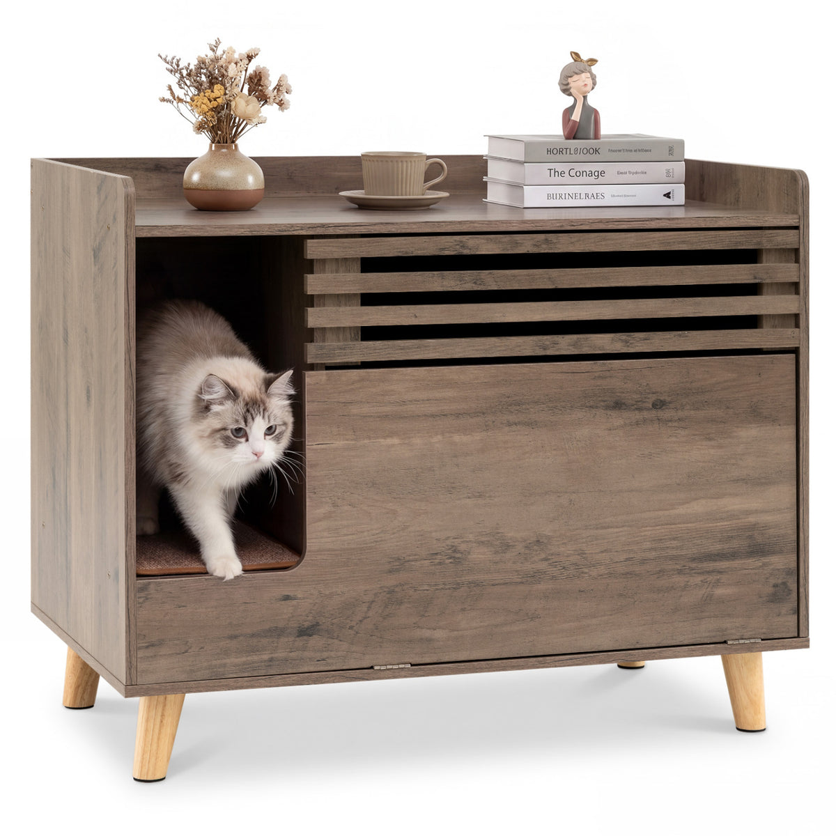 Cat Litter Box Enclosure with Flip-Down Door & Scratching Mat - Brown
