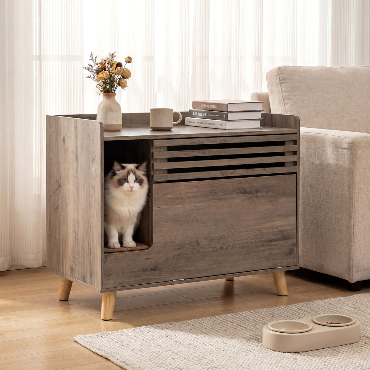 Cat Litter Box Enclosure with Flip-Down Door & Scratching Mat - Brown