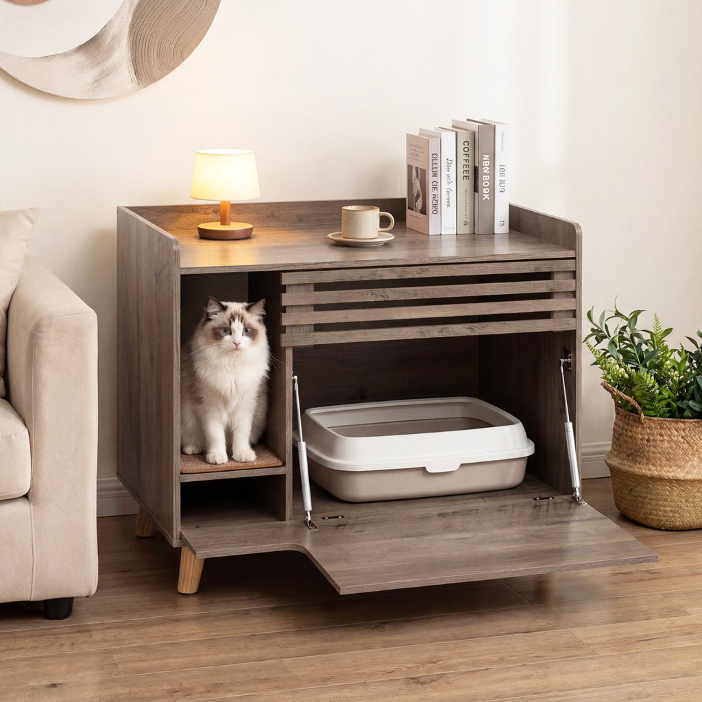 Cat Litter Box Enclosure with Flip-Down Door & Scratching Mat - Brown