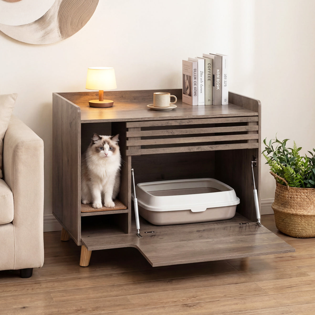 Cat Litter Box Enclosure with Flip-Down Door & Scratching Mat - Brown
