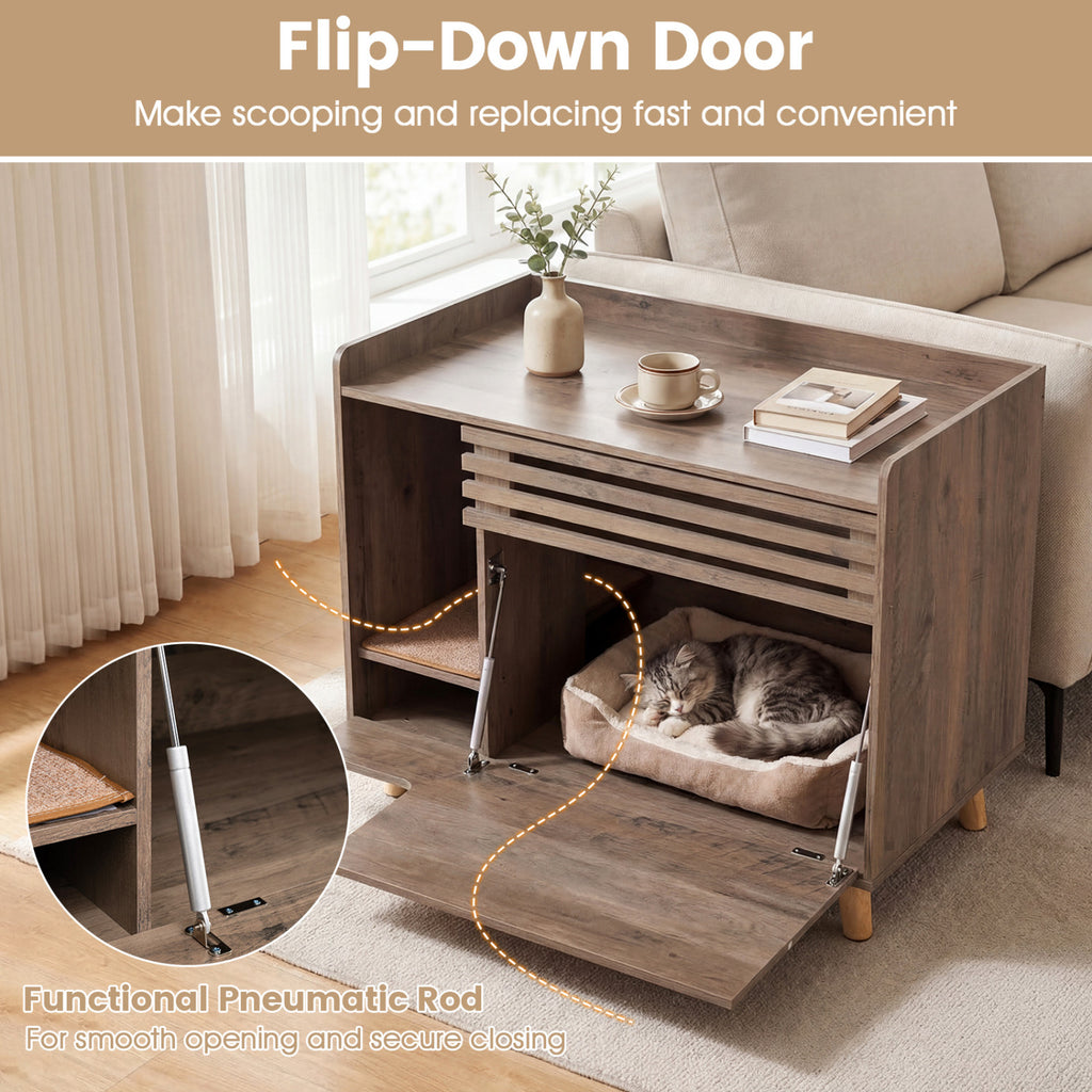 Cat Litter Box Enclosure with Flip-Down Door & Scratching Mat - Brown