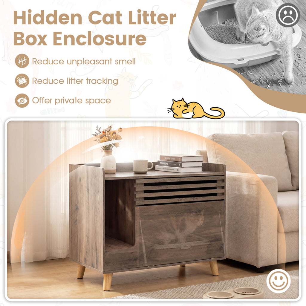 Cat Litter Box Enclosure with Flip-Down Door & Scratching Mat - Brown