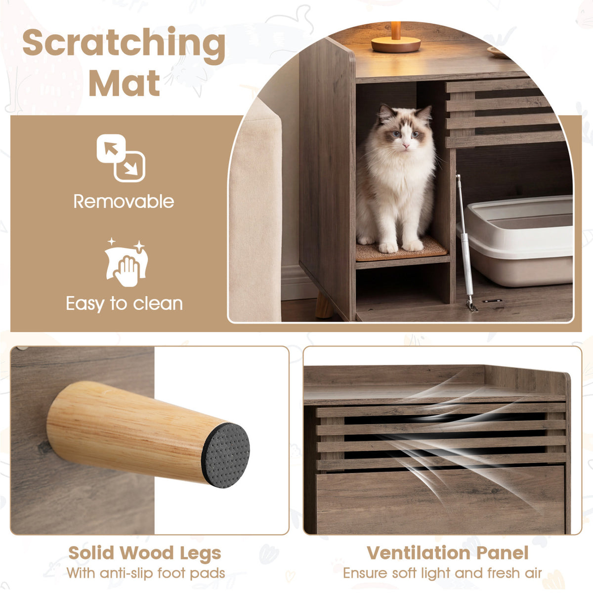 Cat Litter Box Enclosure with Flip-Down Door & Scratching Mat - Brown