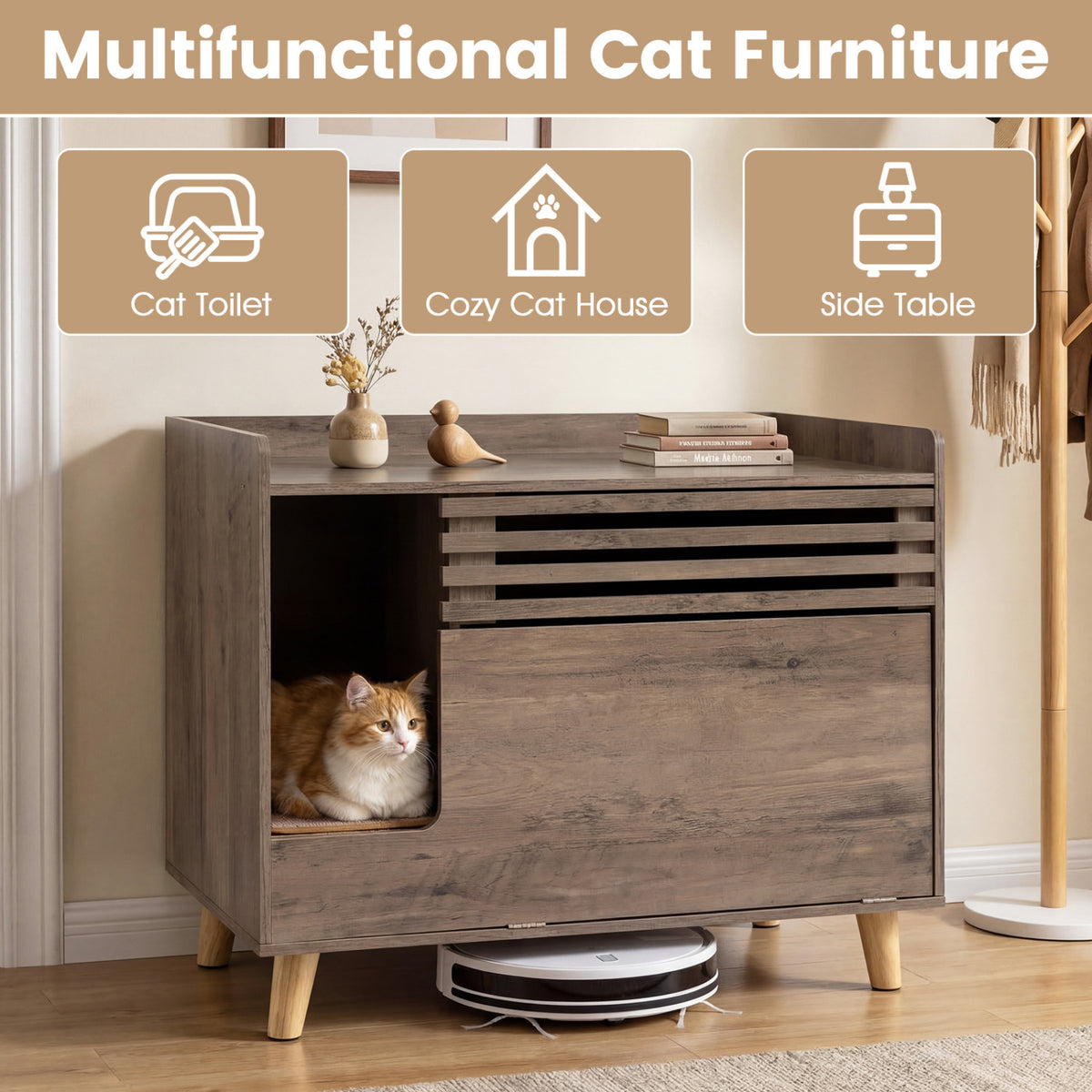 Cat Litter Box Enclosure with Flip-Down Door & Scratching Mat - Brown