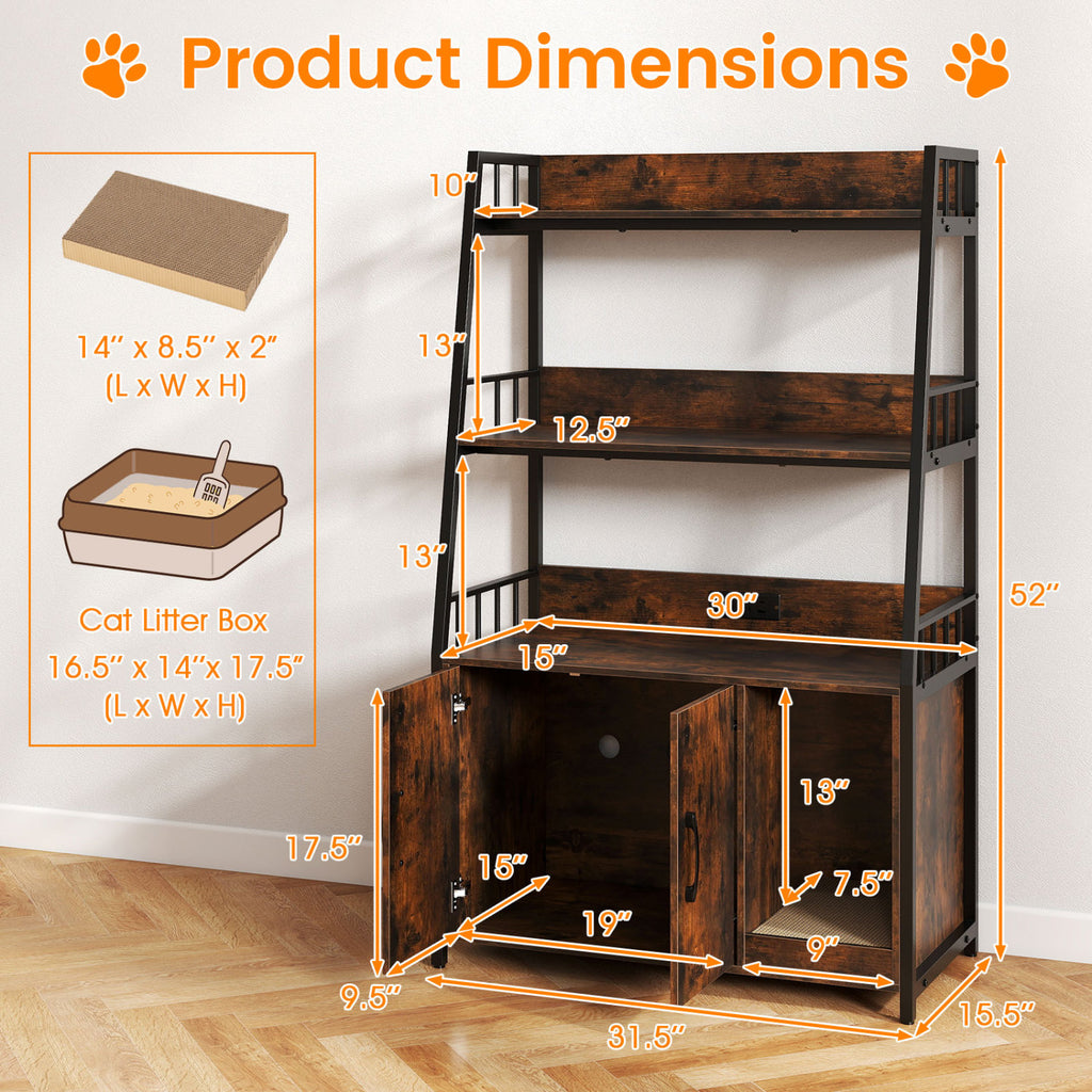 Cat Litter Box Enclosure with Storage Shelves & Scratching Pad - Rustic Brown