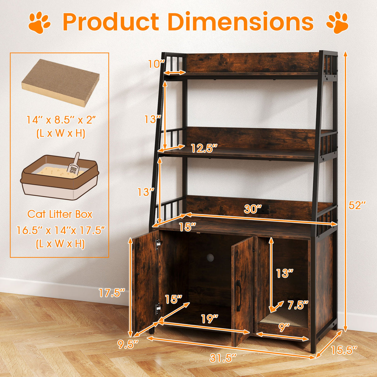 Cat Litter Box Enclosure with Storage Shelves & Scratching Pad - Rustic Brown