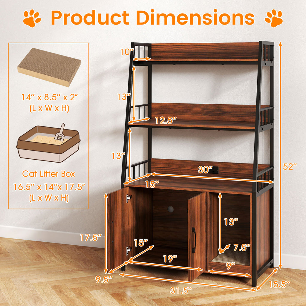 Cat Litter Box Enclosure with Storage Shelves & Scratching Pad - Walnut Variation