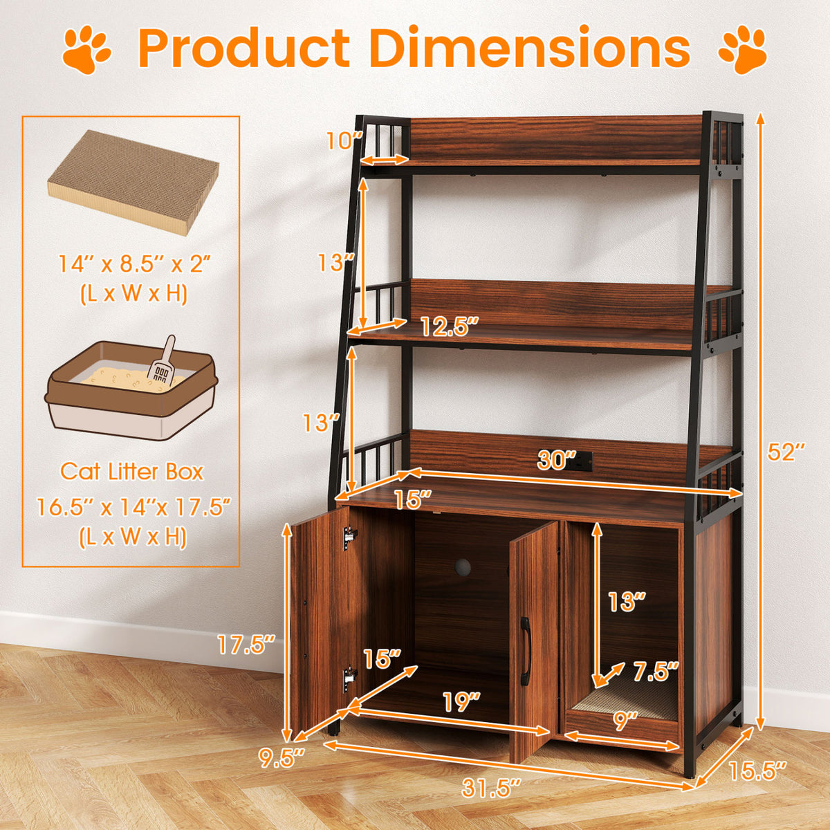 Cat Litter Box Enclosure with Storage Shelves & Scratching Pad - Walnut Variation
