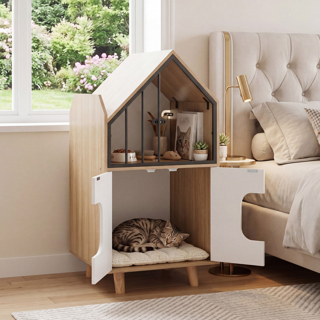Wooden Cat Litter Box Enclosure with Shelf & Doors - Natural Finish, House-Shaped Indoor Cat Furniture