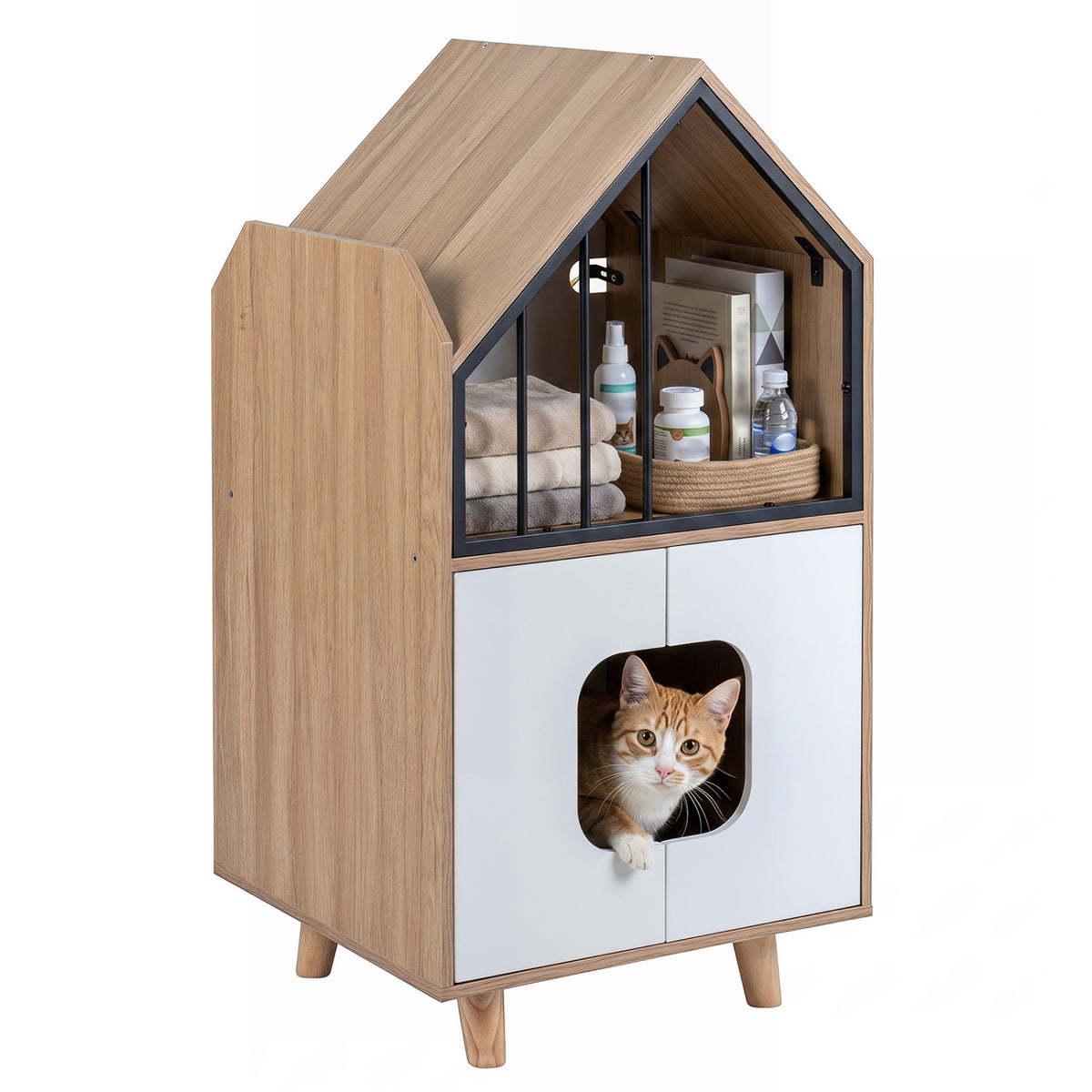 Wooden Cat Litter Box Enclosure with Shelf & Doors - Natural Finish, House-Shaped Indoor Cat Furniture