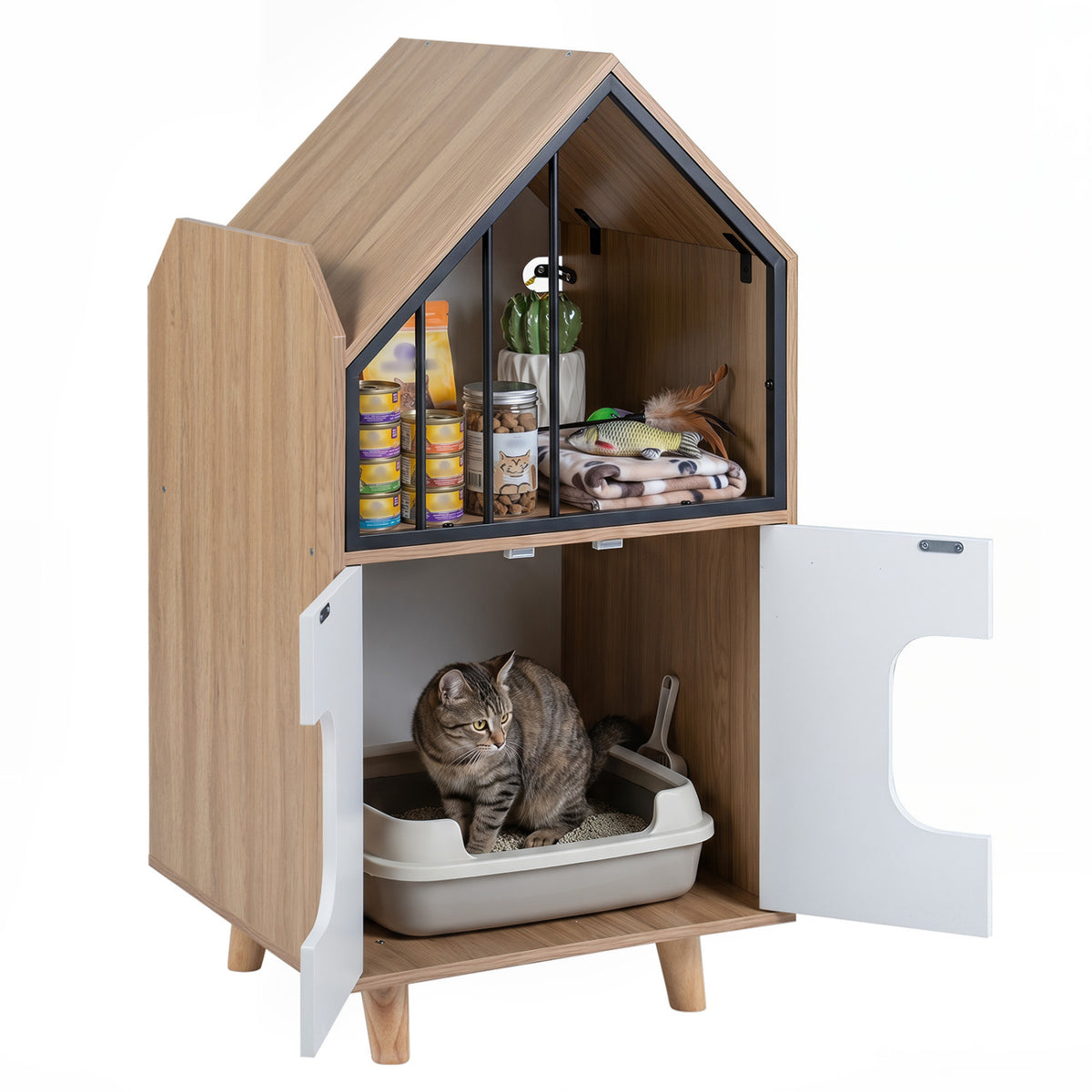 Wooden Cat Litter Box Enclosure with Shelf & Doors - Natural Finish, House-Shaped Indoor Cat Furniture