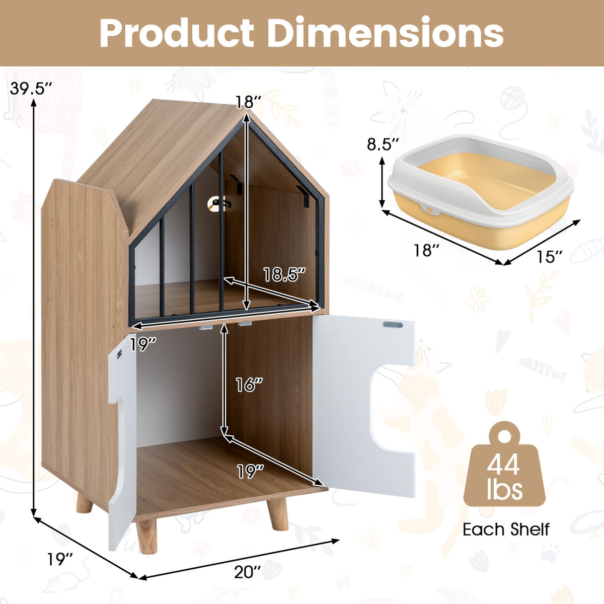 Wooden Cat Litter Box Enclosure with Shelf & Doors - Natural Finish, House-Shaped Indoor Cat Furniture