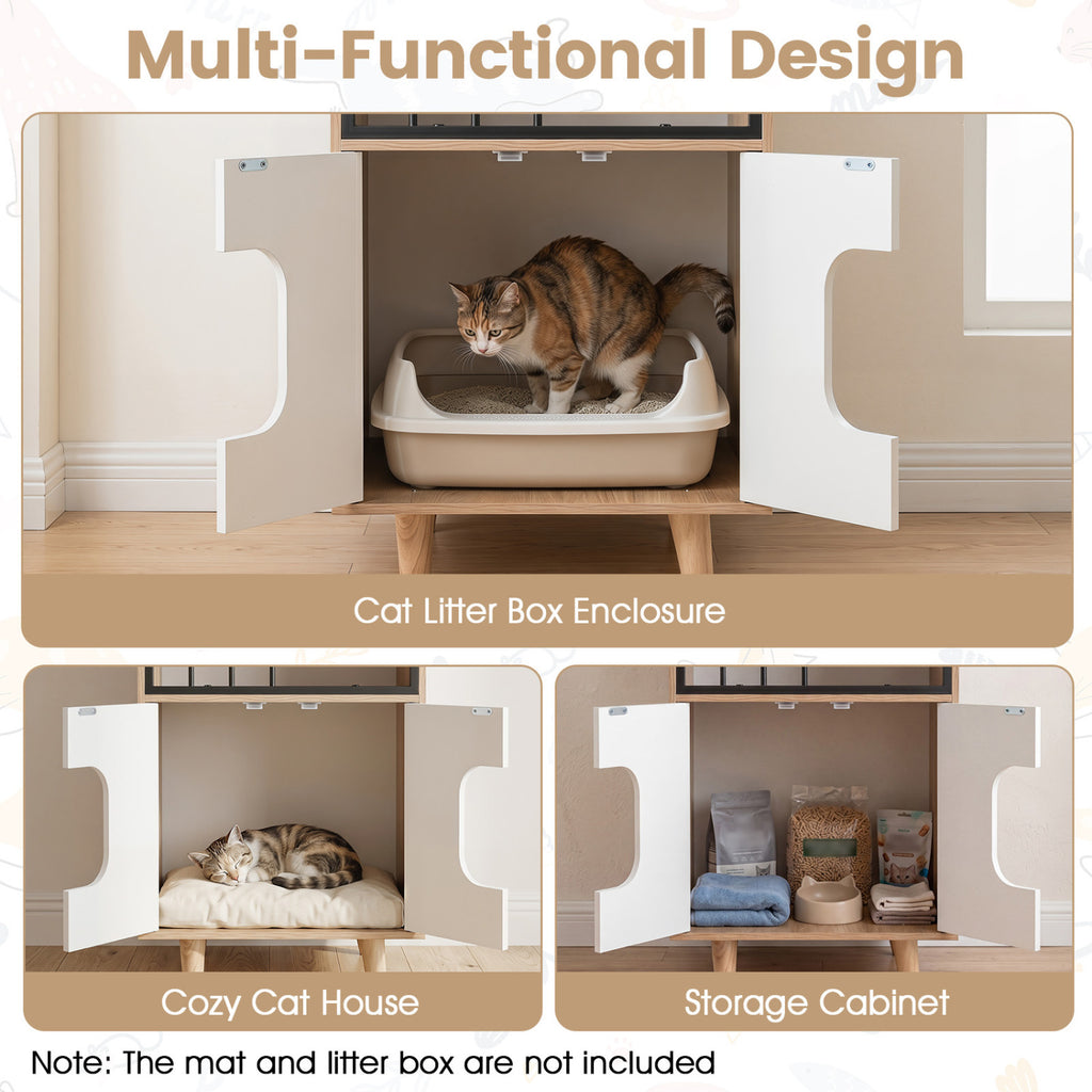Wooden Cat Litter Box Enclosure with Shelf & Doors - Natural Finish, House-Shaped Indoor Cat Furniture