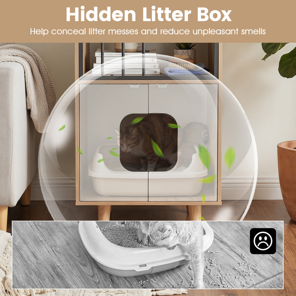 Wooden Cat Litter Box Enclosure with Shelf & Doors - Natural Finish, House-Shaped Indoor Cat Furniture