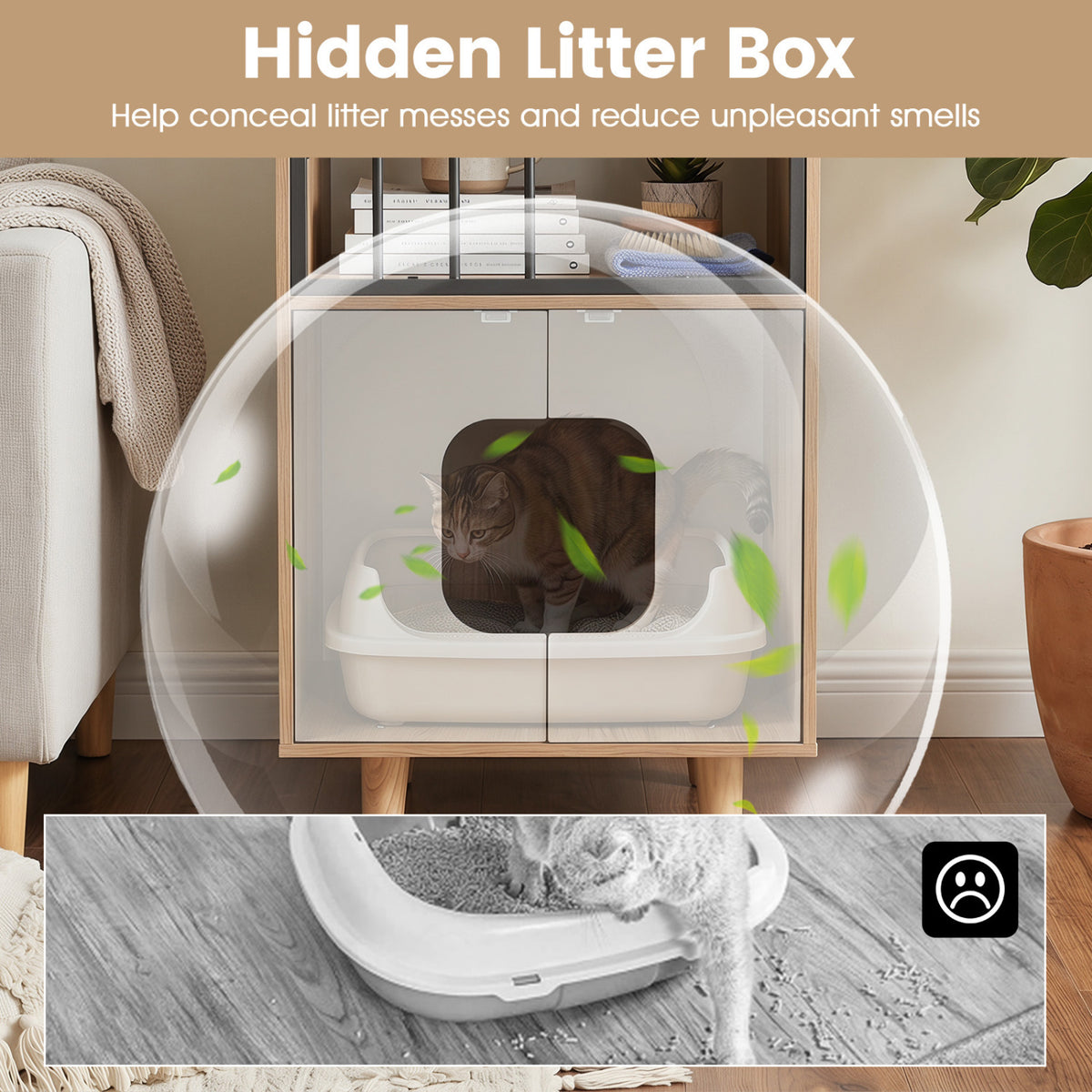 Wooden Cat Litter Box Enclosure with Shelf & Doors - Natural Finish, House-Shaped Indoor Cat Furniture