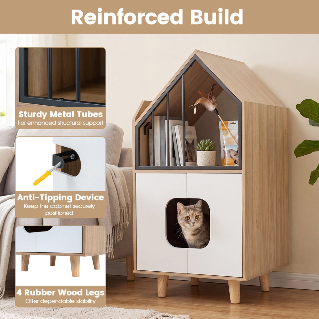 Wooden Cat Litter Box Enclosure with Shelf & Doors - Natural Finish, House-Shaped Indoor Cat Furniture
