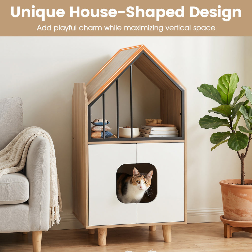 Wooden Cat Litter Box Enclosure with Shelf & Doors - Natural Finish, House-Shaped Indoor Cat Furniture