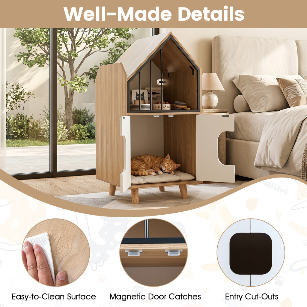 Wooden Cat Litter Box Enclosure with Shelf & Doors - Natural Finish, House-Shaped Indoor Cat Furniture