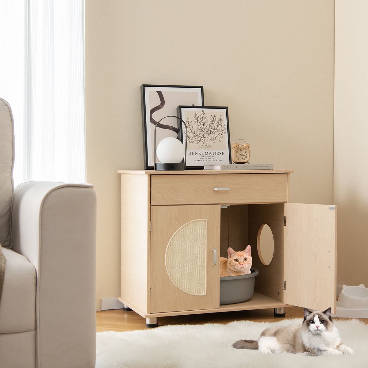 Cat Litter Box Enclosure with Sisal Scratching Doors and Storage - Natural, Variation