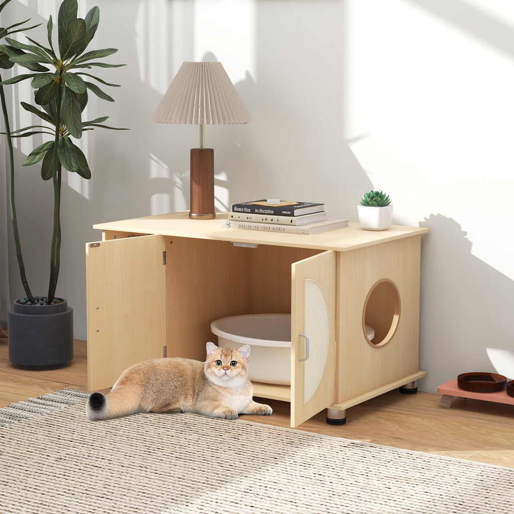 Cat Litter Box Enclosure with Sisal Scratching Doors & Adjustable Metal Feet - Natural, Variation of THIS listing