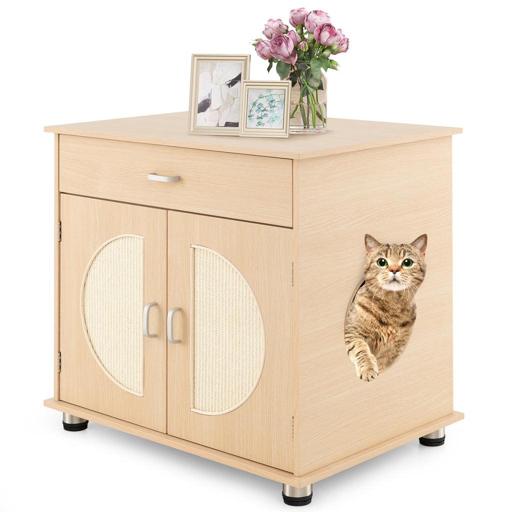Cat Litter Box Enclosure with Sisal Scratching Doors and Storage - Natural, Variation