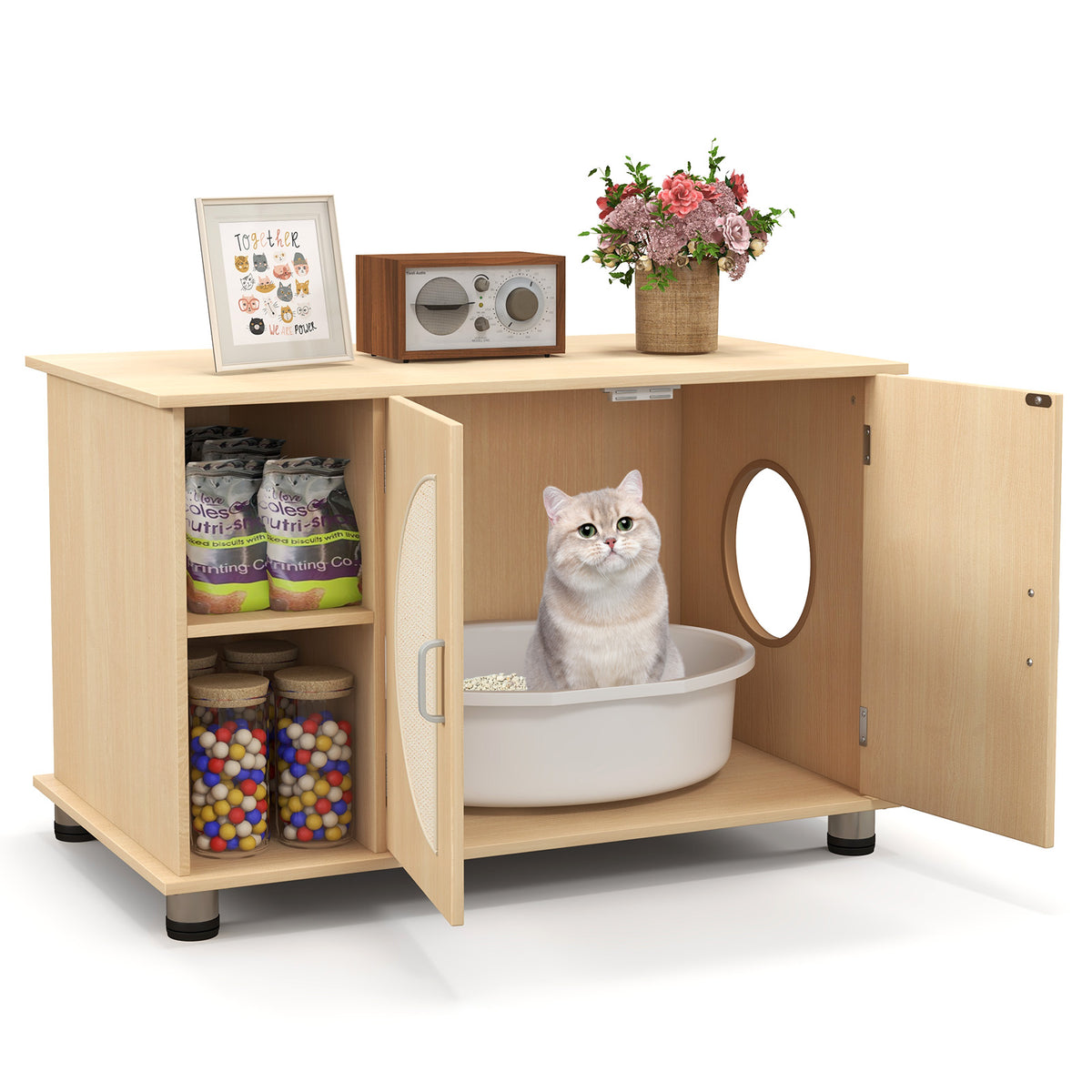Cat Litter Box Enclosure with Sisal Scratching Doors & Adjustable Metal Feet - Natural, Variation of THIS listing