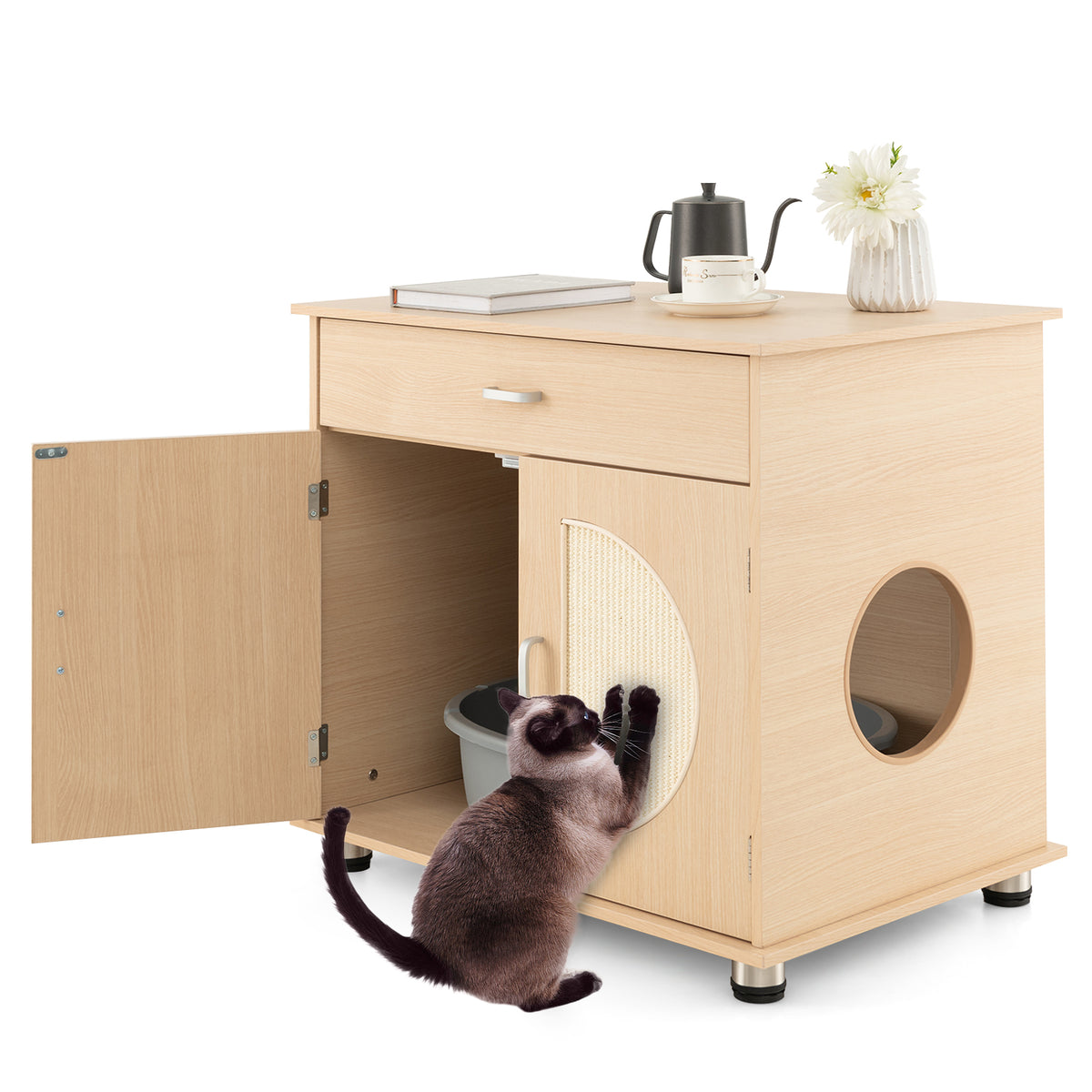 Cat Litter Box Enclosure with Sisal Scratching Doors and Storage - Natural, Variation