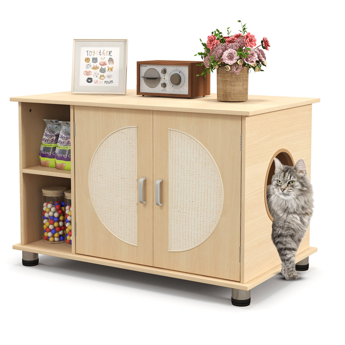 Cat Litter Box Enclosure with Sisal Scratching Doors & Adjustable Metal Feet - Natural, Variation of THIS listing