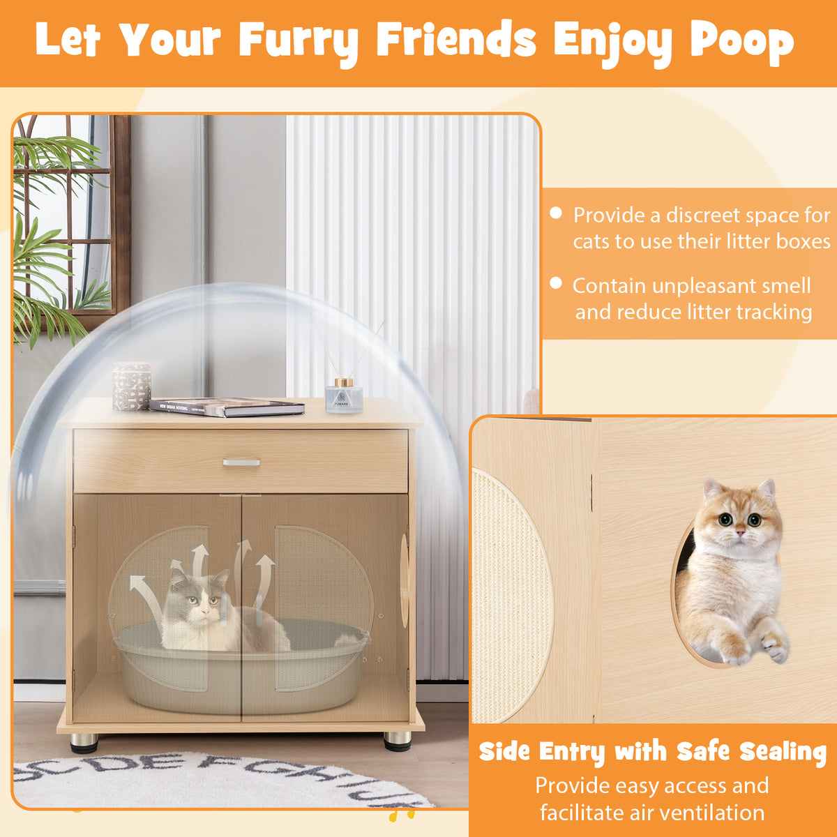 Cat Litter Box Enclosure with Sisal Scratching Doors and Storage - Natural, Variation