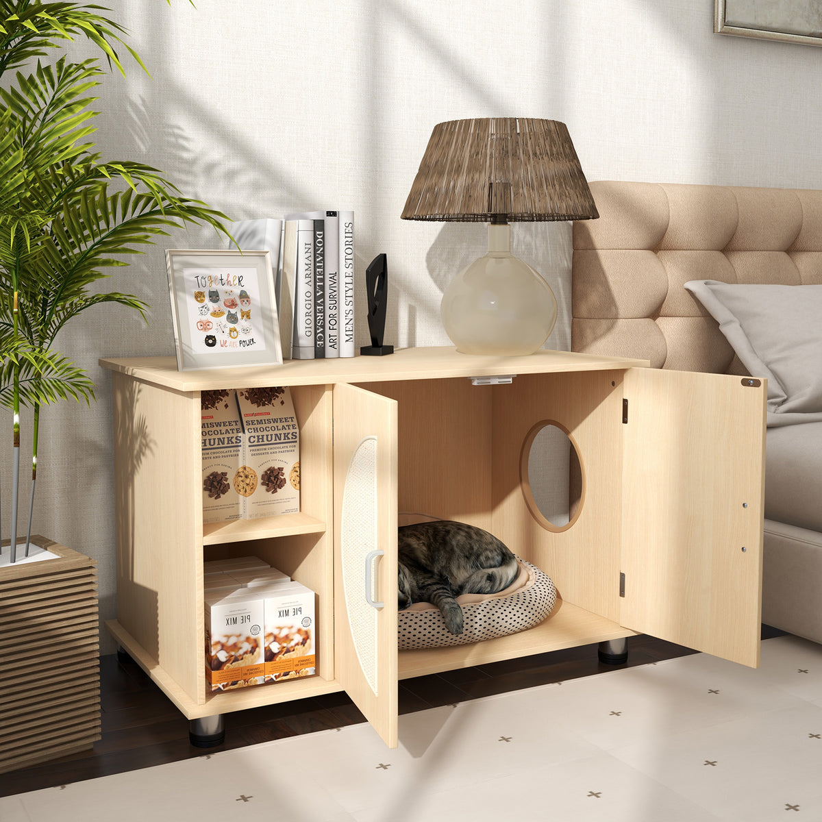Cat Litter Box Enclosure with Sisal Scratching Doors & Adjustable Metal Feet - Natural, Variation of THIS listing