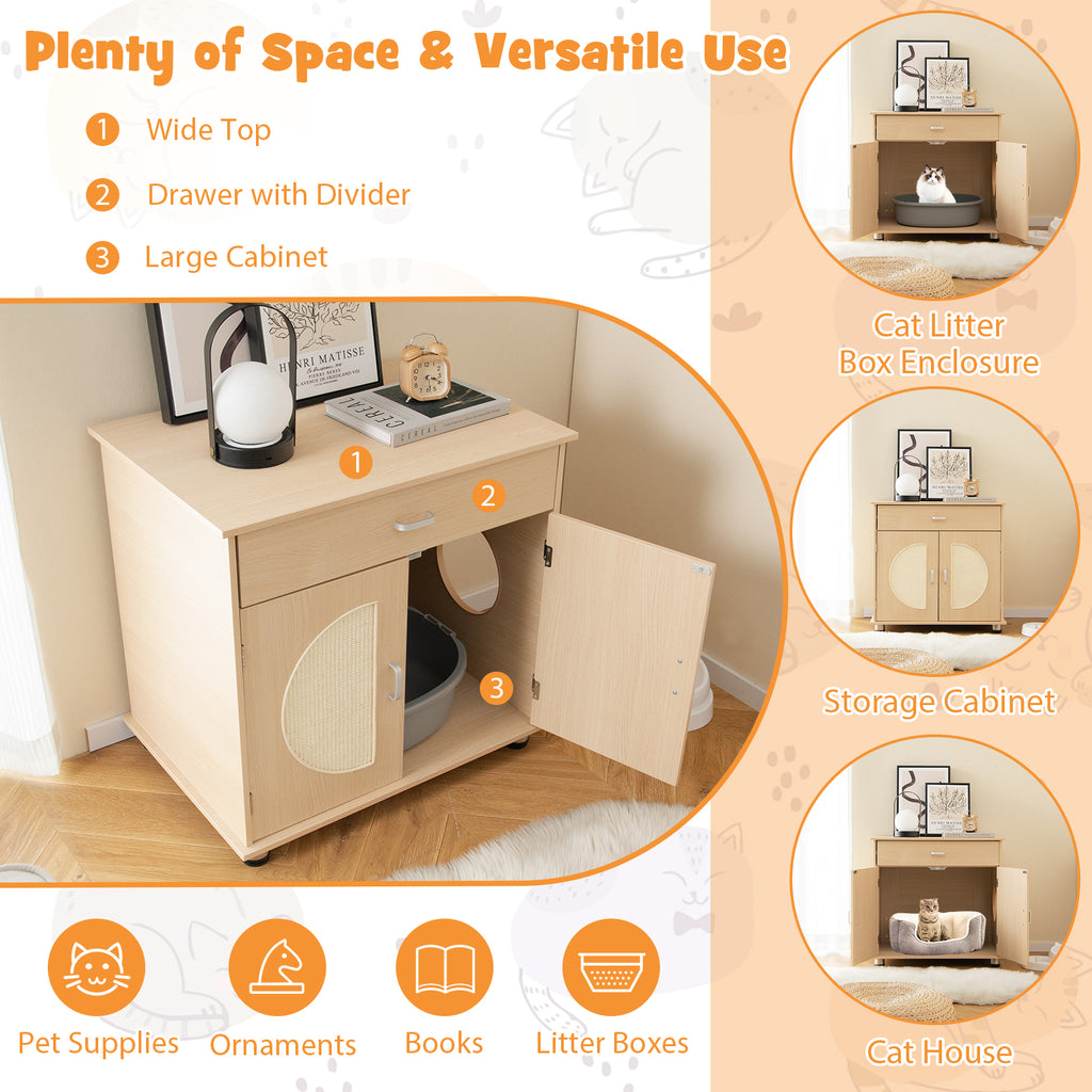 Cat Litter Box Enclosure with Sisal Scratching Doors and Storage - Natural, Variation
