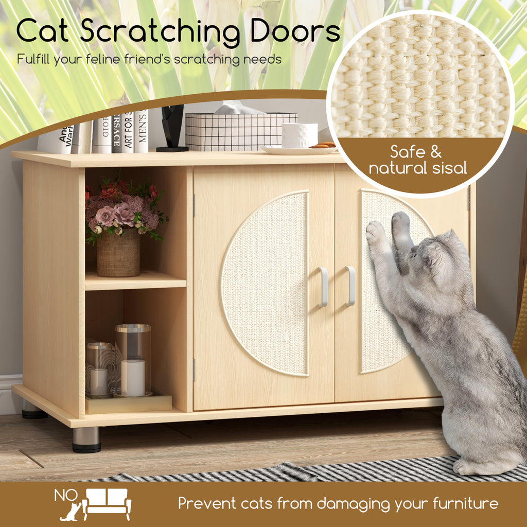 Cat Litter Box Enclosure with Sisal Scratching Doors & Adjustable Metal Feet - Natural, Variation of THIS listing