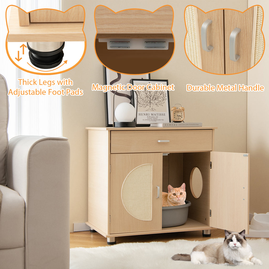 Cat Litter Box Enclosure with Sisal Scratching Doors and Storage - Natural, Variation