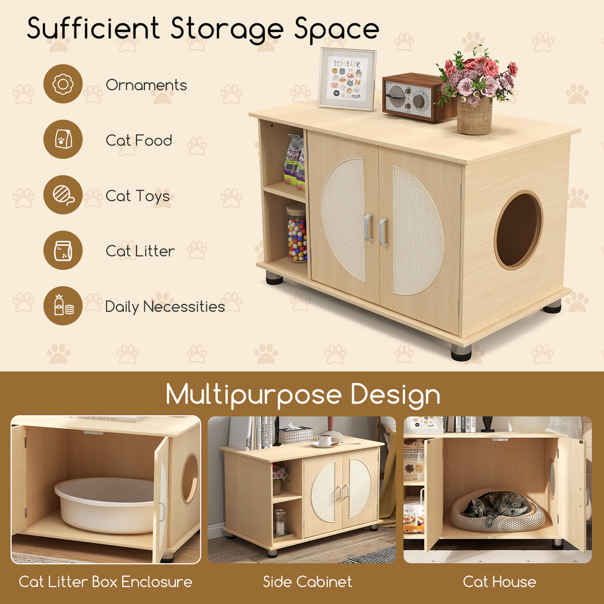Cat Litter Box Enclosure with Sisal Scratching Doors & Adjustable Metal Feet - Natural, Variation of THIS listing
